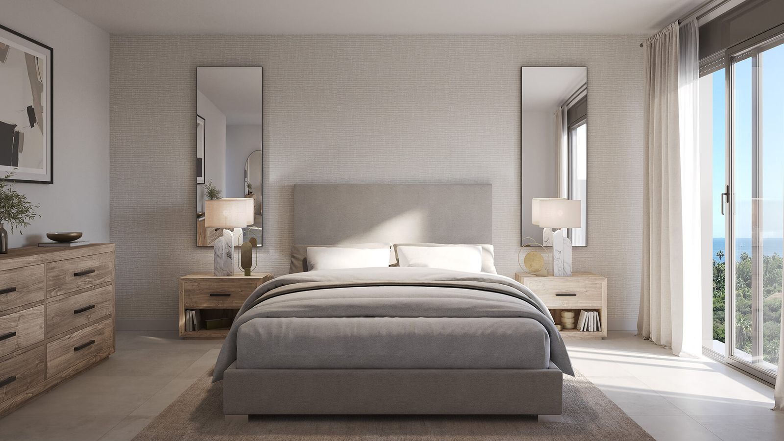 Dormitorio moderno con vistas al mar y acceso al balcón