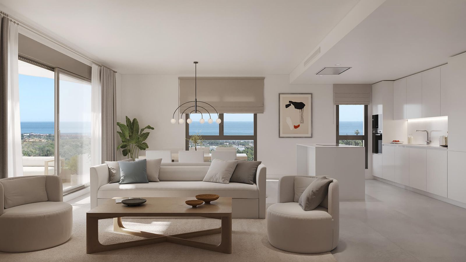 Apartamento moderno con sala de estar de concepto abierto y vistas al mar.